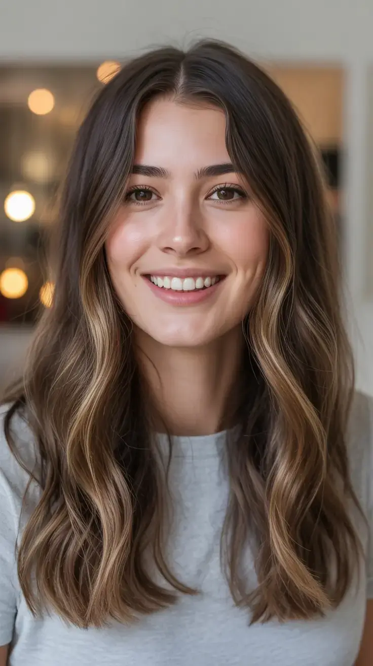 rich spring brunette hair color 2026+Face-Framing Hazelnut with Soft Middle Waves