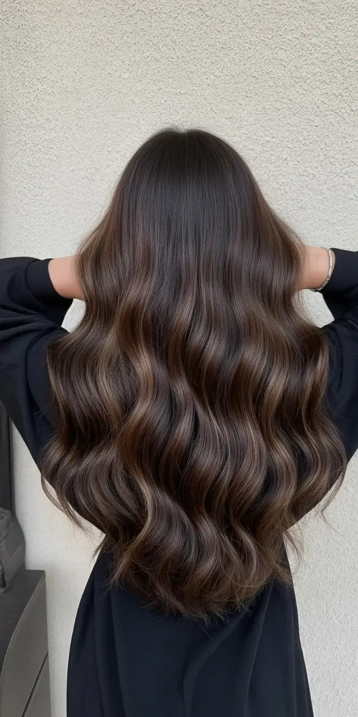 rich spring brunette hair color 2026+Luxe Walnut Waves with Studio-Sheen Finish