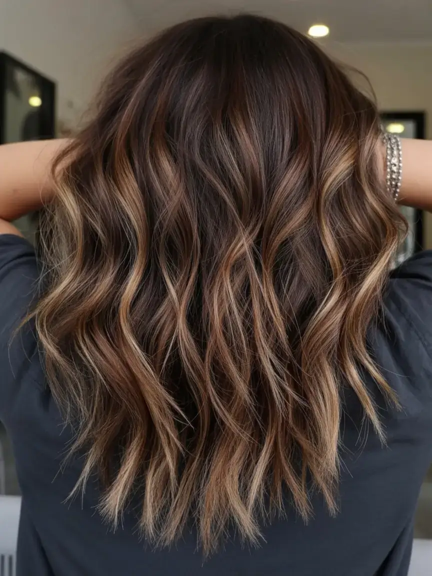 rich spring brunette hair color 2026+Brushed Bronze Dimension on Mid-Length Layers