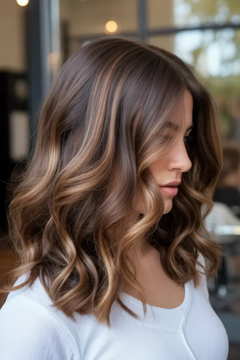 rich spring brunette hair color 2026+Vintage-Inspired Loose Curls with Soft Golden Threads
