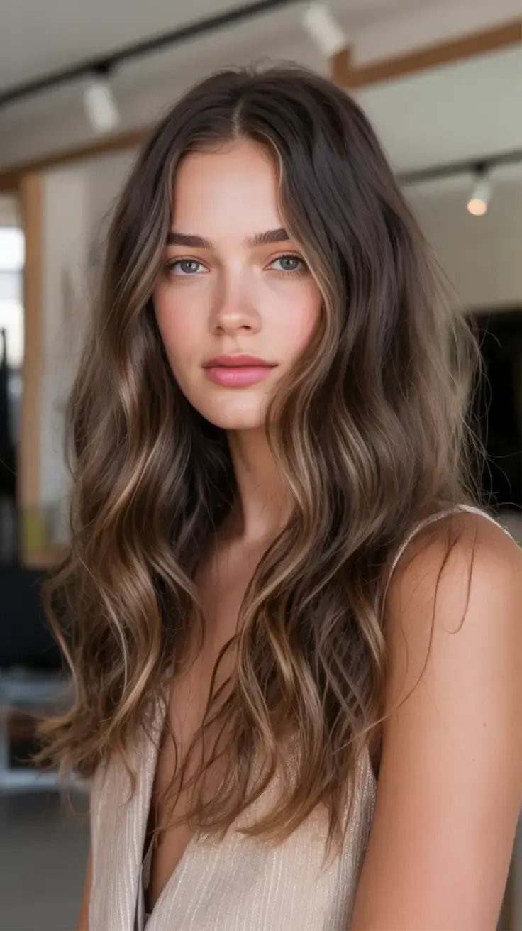 rich spring brunette hair color 2026+Beach-Kissed Walnut Waves with Natural Part