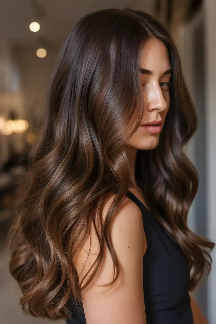 rich spring brunette hair color 2026+Deep Velvet Brunette with Liquid Shine