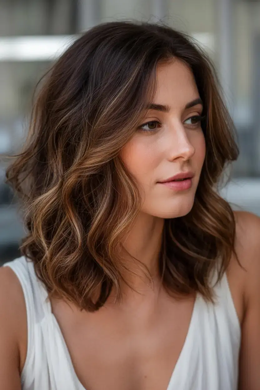 rich spring brunette hair color 2026+Textured Espresso Lob with Toasted Highlights