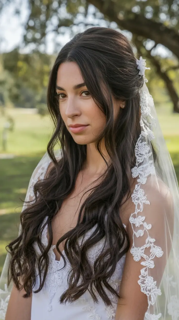 romantic spring wedding hairstyle 2026 Soft Half-Up Veil-Friendly Waves With Gentle Volume