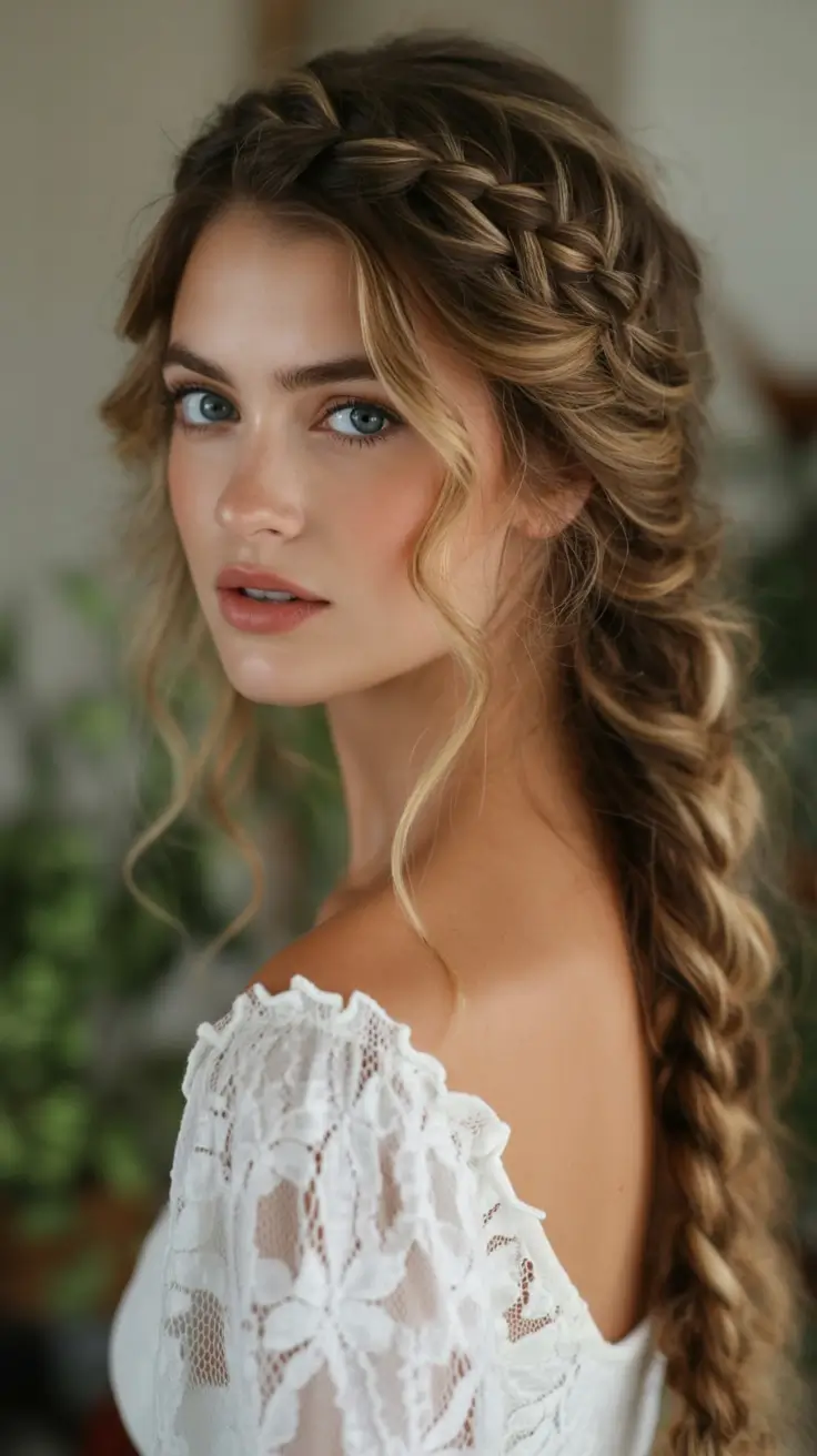 romantic spring wedding hairstyle 2026 Romantic Side Braid With Soft Face-Framing Curls