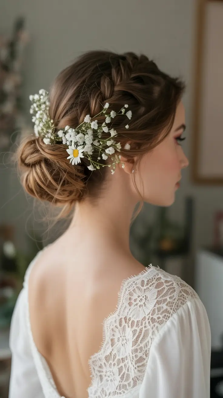 romantic spring wedding hairstyle 2026 Floral Garden-Inspired Braided Updo