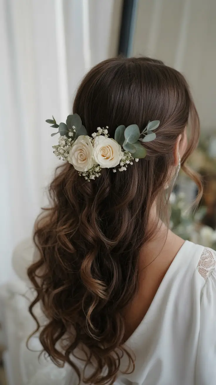 romantic spring wedding hairstyle 2026 Half-Up Curls With Fresh Rose Accents