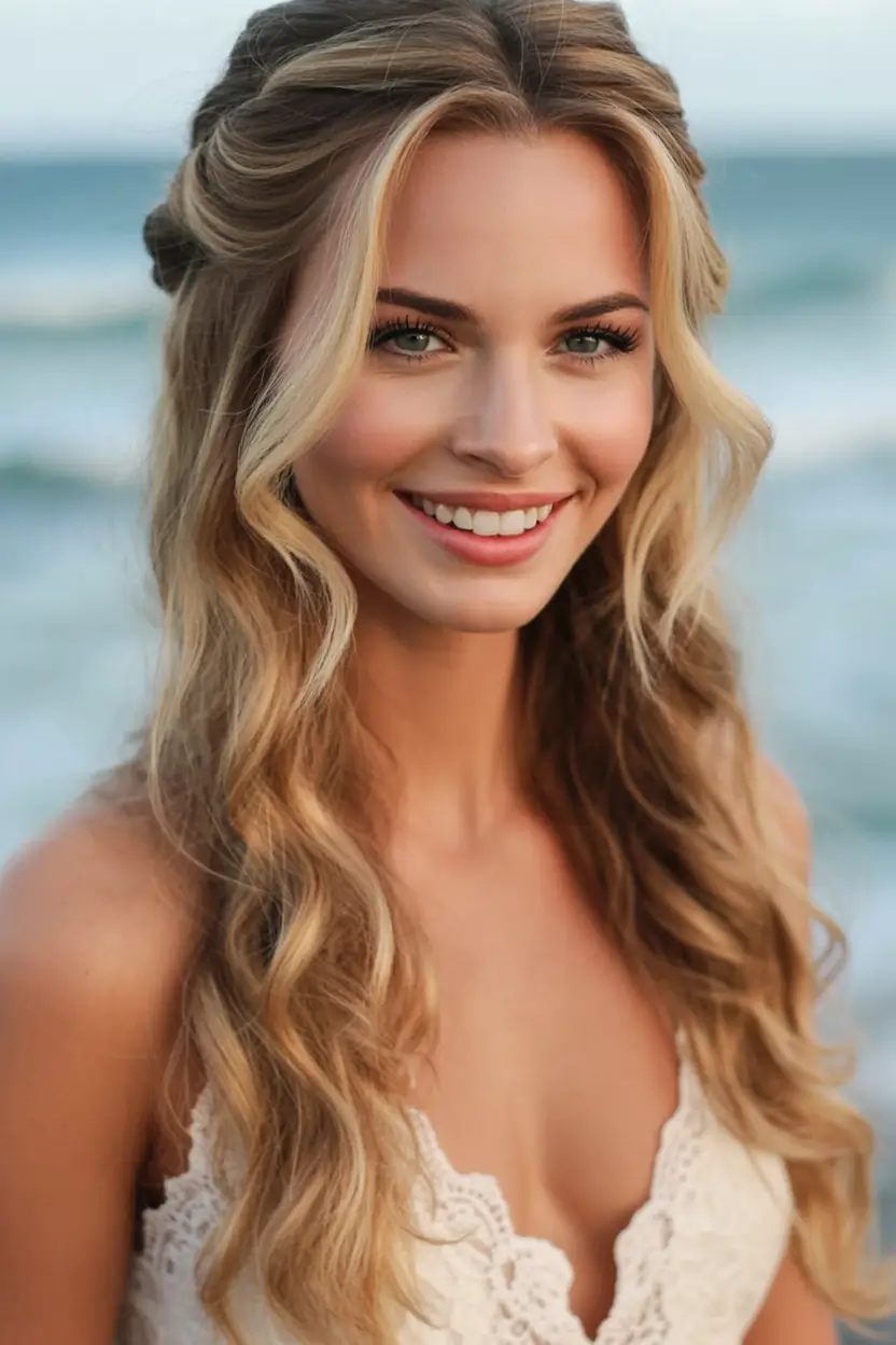 romantic spring wedding hairstyle 2026 Warm Golden Waves With Face-Framing Softness