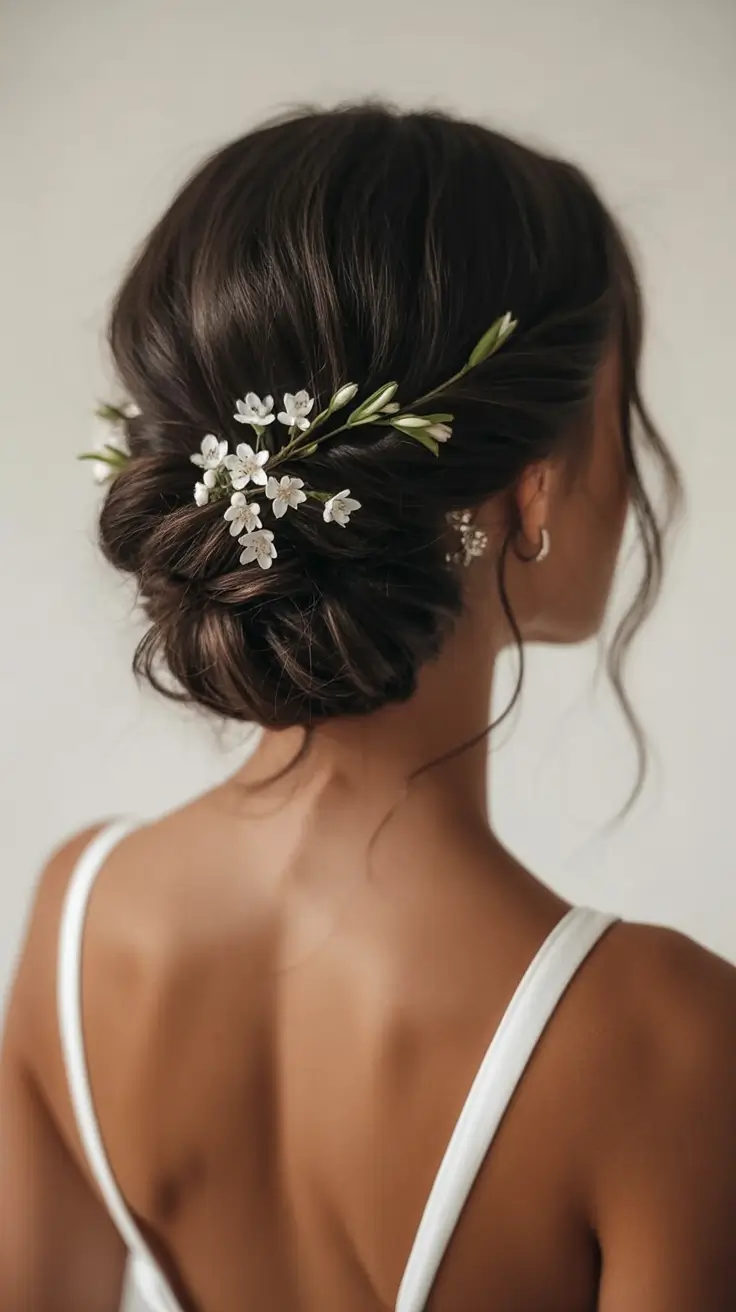 romantic spring wedding hairstyle 2026 Clean Botanical Low Bun With Petite Floral Accents