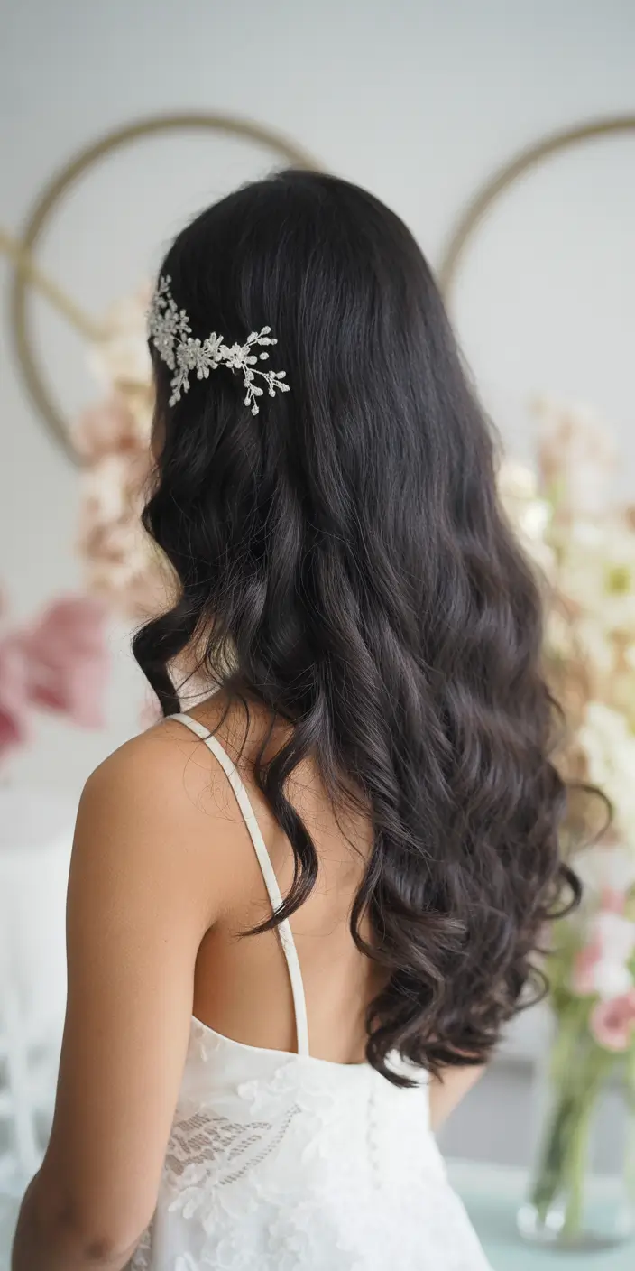 romantic spring wedding hairstyle 2026 Glossy Cascading Curls With a Floral-Inspired Clip