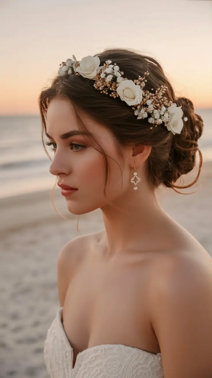 romantic spring wedding hairstyle 2026 Soft Sunset Floral Crown Updo