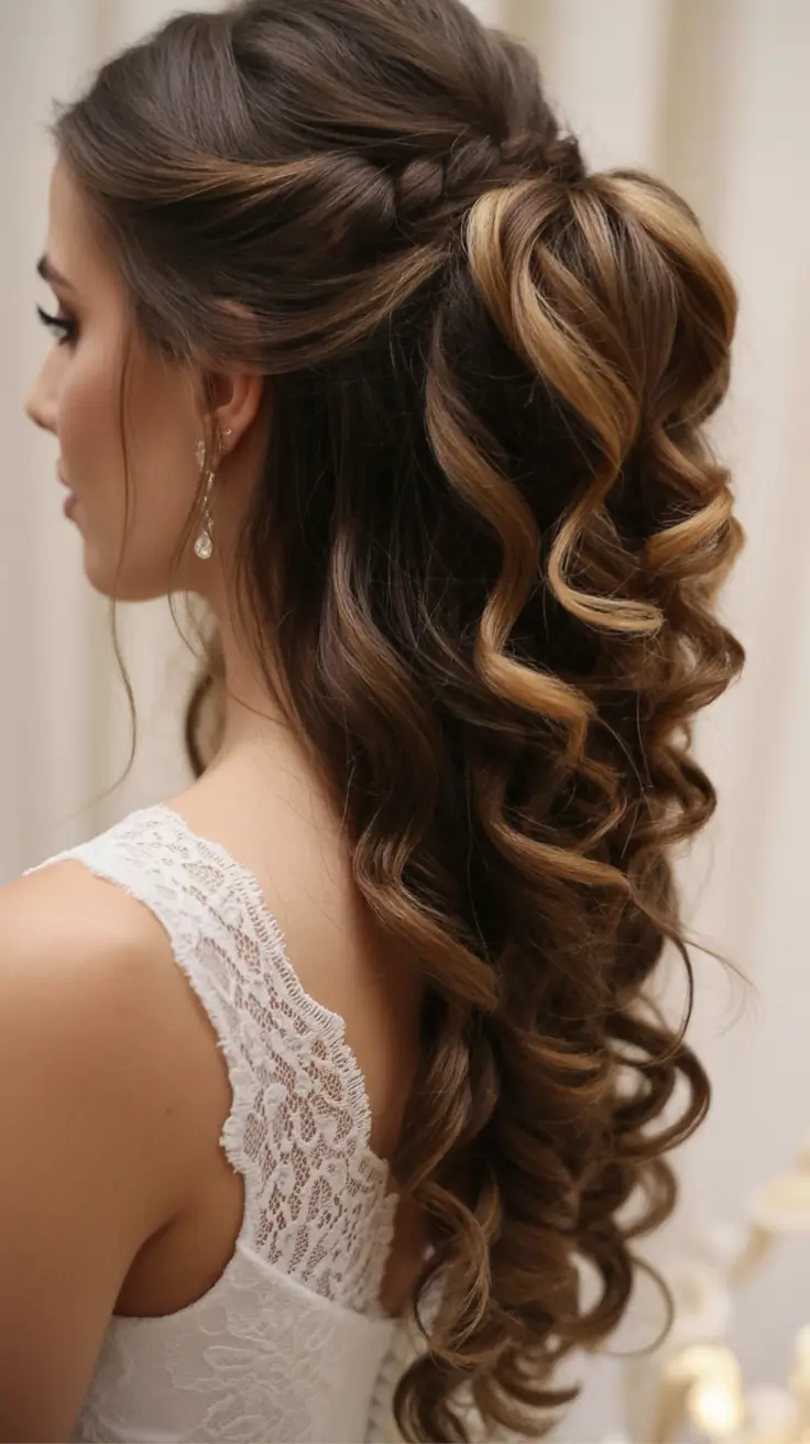 romantic spring wedding hairstyle 2026 Voluminous Curled Half-Up Style With Braided Detail