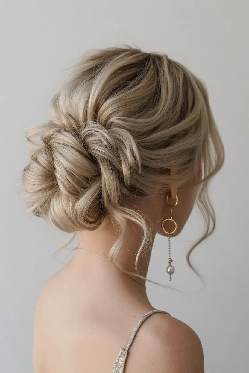 romantic spring wedding hairstyle 2026 Soft Blonde Textured Low Bun