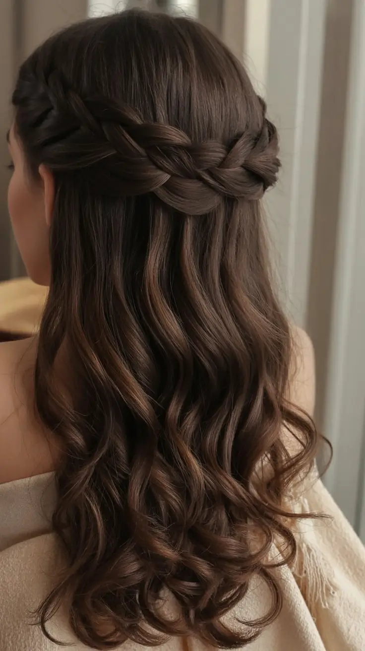 romantic spring wedding hairstyle 2026 Soft Woven Crown Braid With Cascading Waves