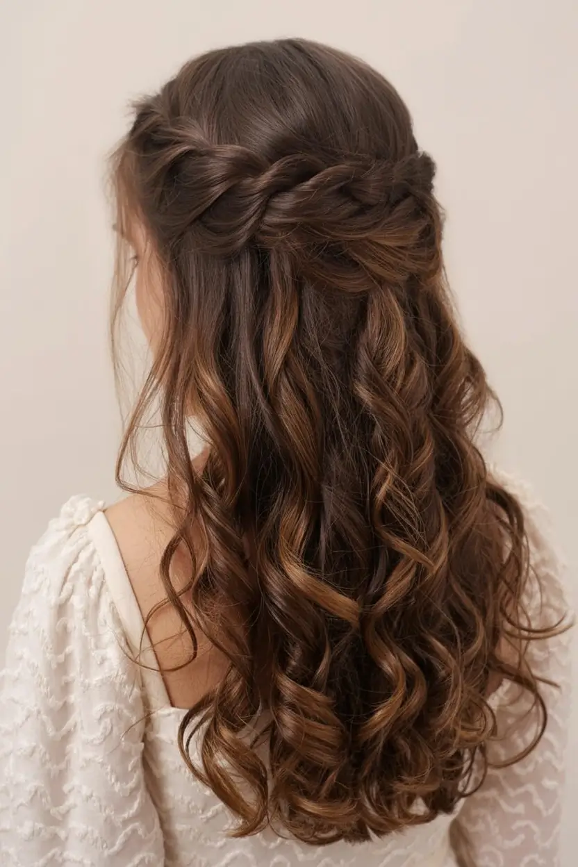 romantic spring wedding hairstyle 2026 Twisted Half-Up Style With Defined Bridal Curls