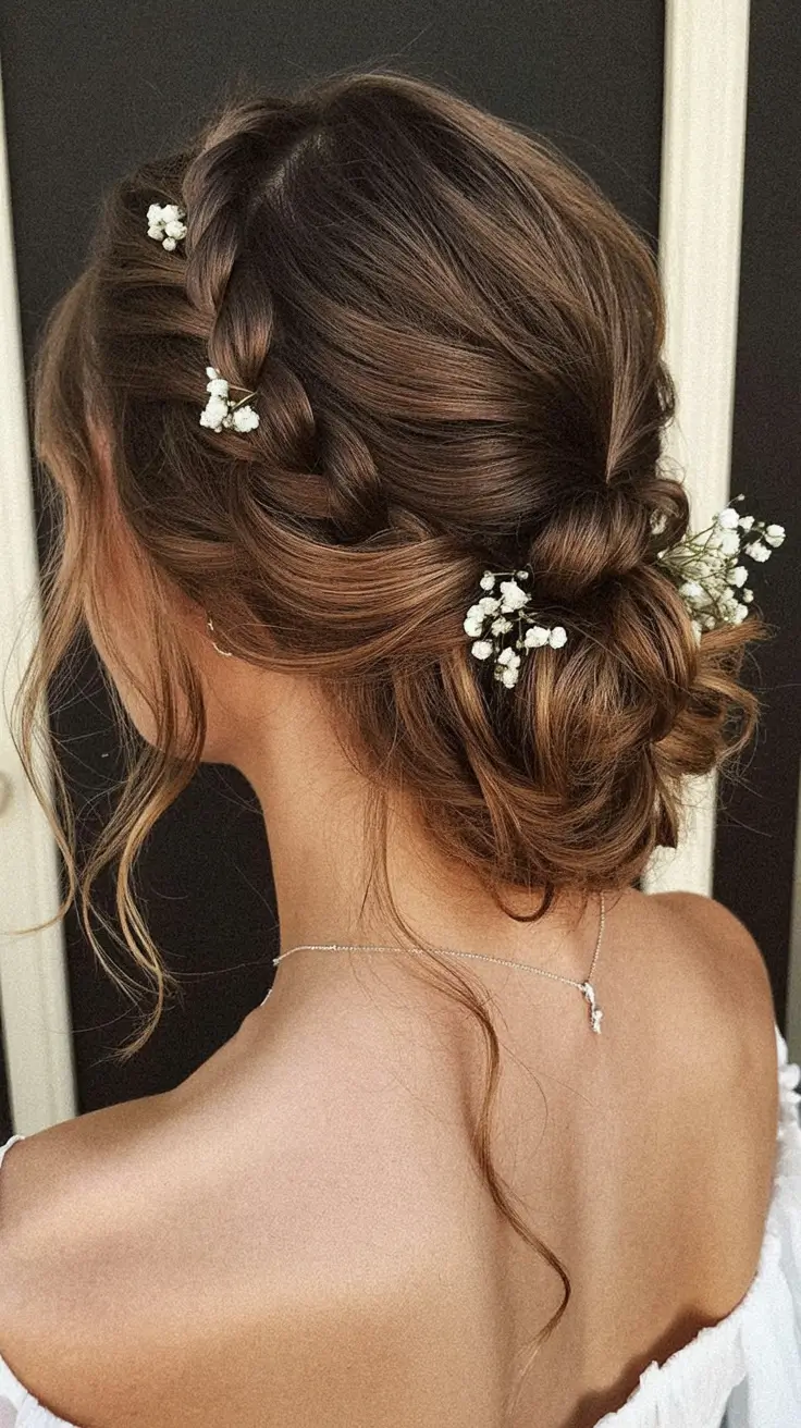 romantic spring wedding hairstyle 2026 Soft Braided Updo With Baby’s Breath Accents