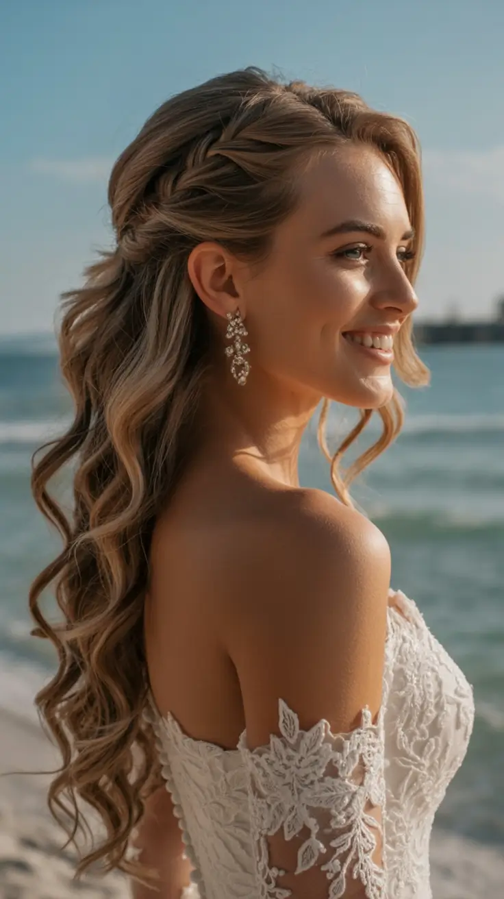 romantic spring wedding hairstyle 2026 Breezy Beach Waves With Braided Crown Detail