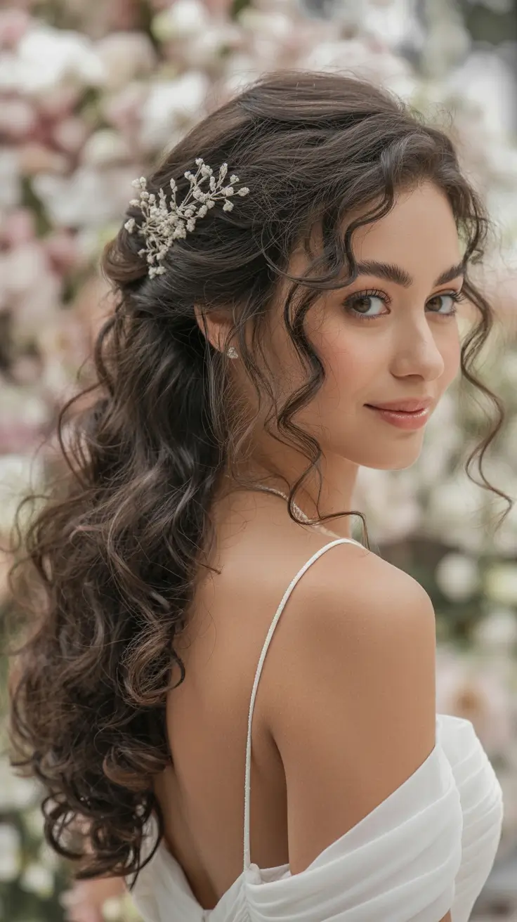 romantic spring wedding hairstyle 2026 Soft Curly Half-Up Style With Crystal Branch Clip