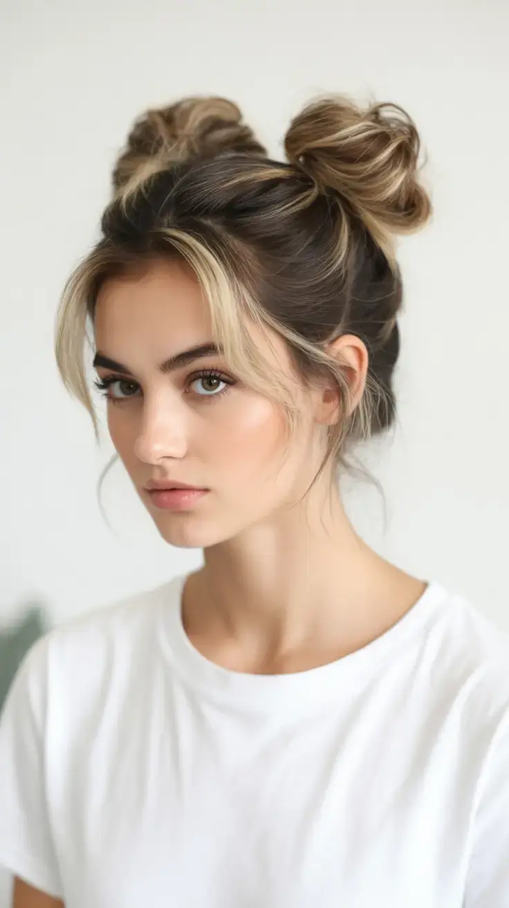 simple spring hairstyles 2026 Double Space Buns with Curtain Bangs