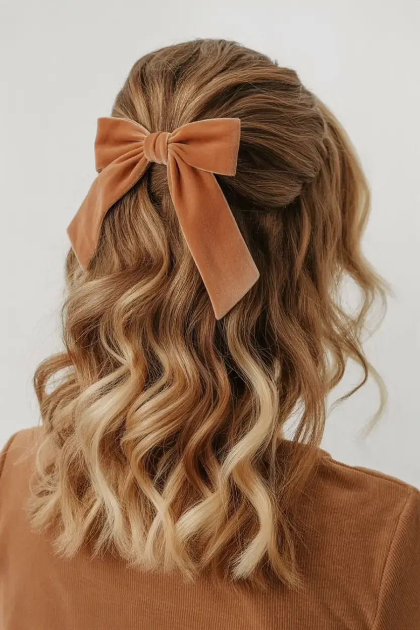 simple spring hairstyles 2026 Soft Waves with a Velvety Bow