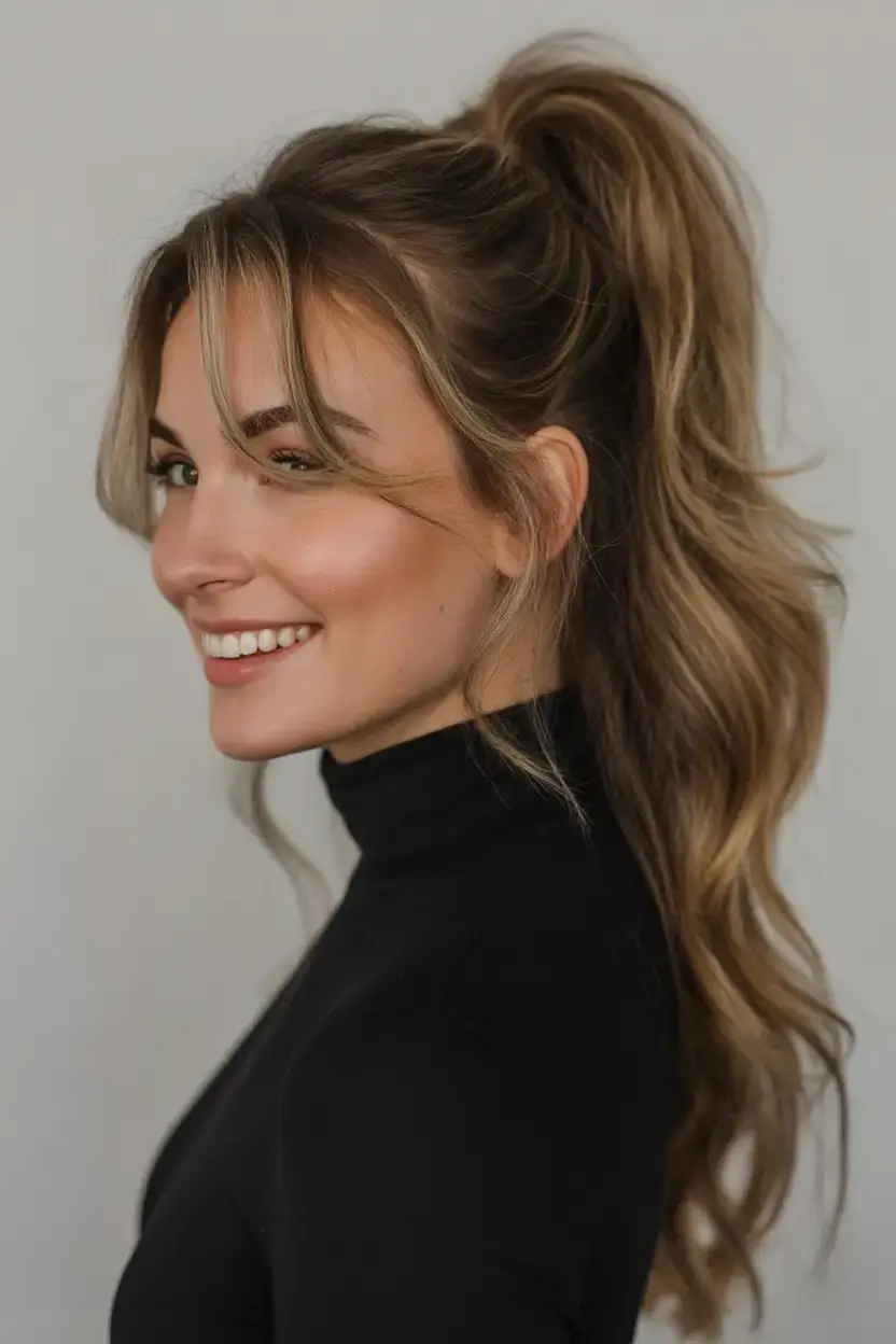 simple spring hairstyles 2026 High Ponytail with Soft Curtain Bangs