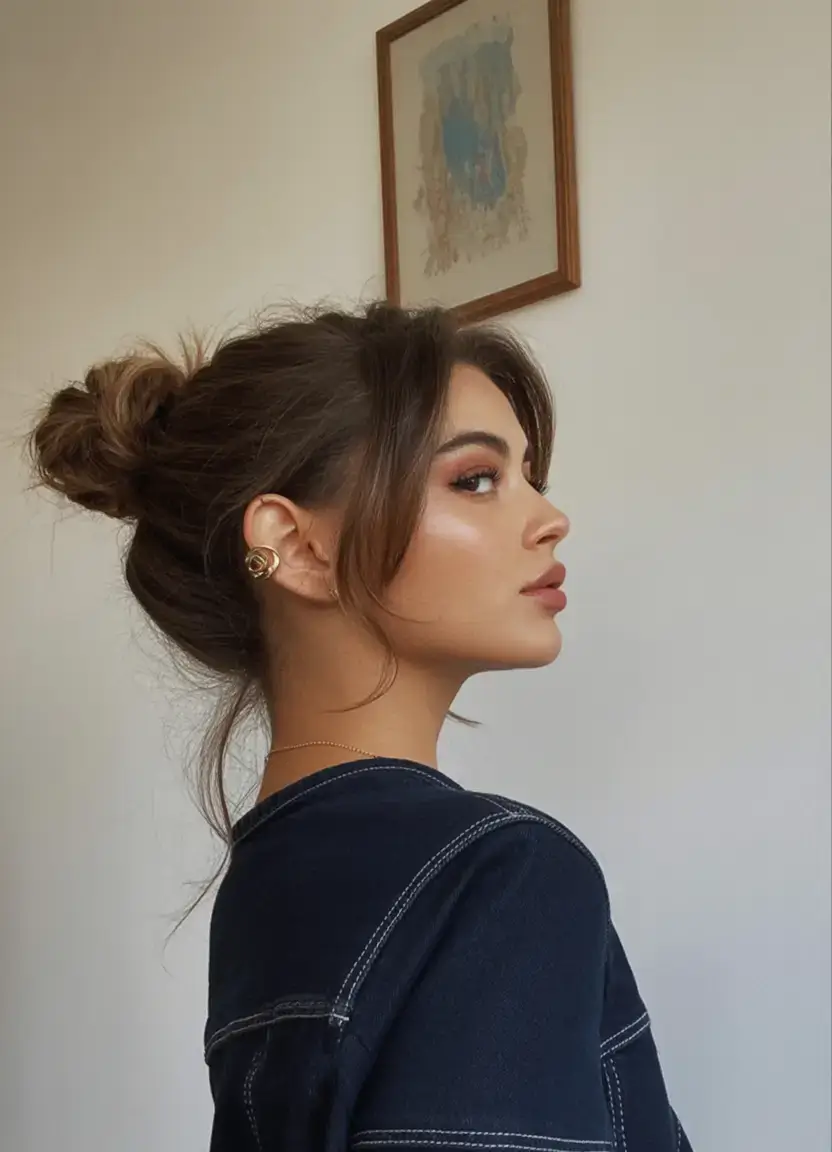simple spring hairstyles 2026 Relaxed Bun with Wispy Bangs