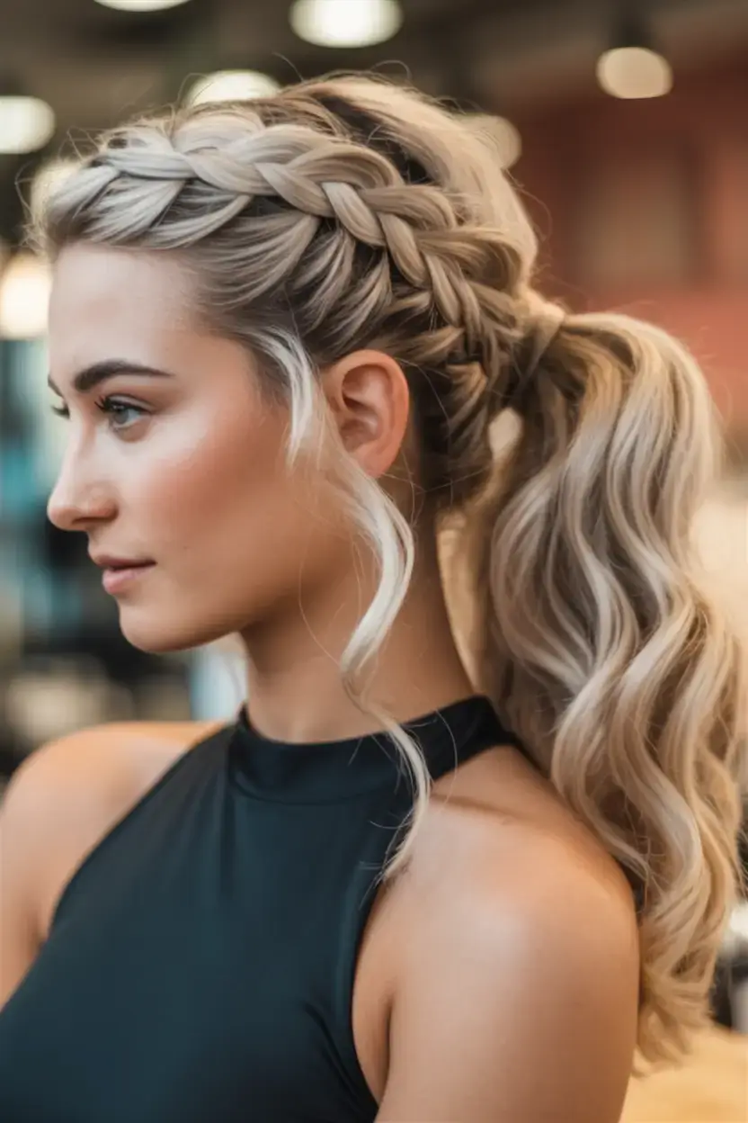 simple spring hairstyles 2026 Braided Headband into Bubble Ponytail