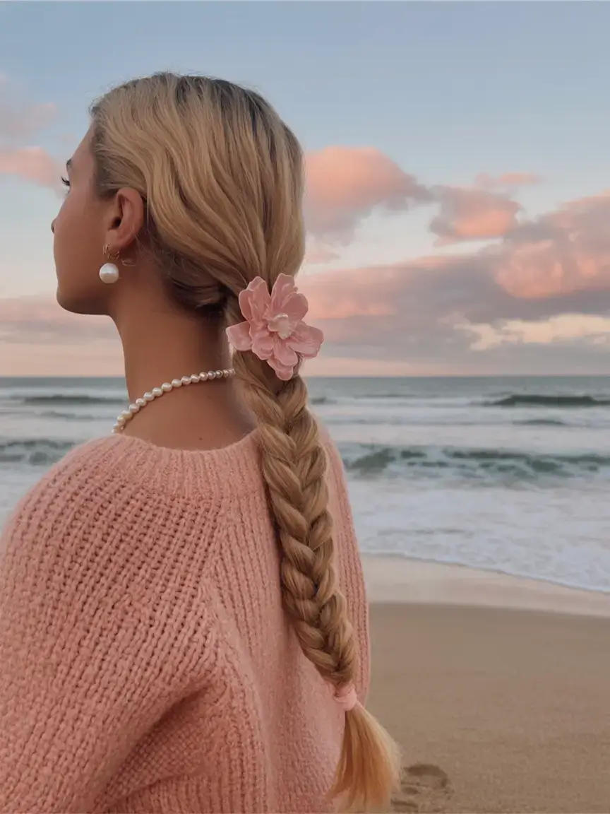 simple spring hairstyles 2026 Low Braided Pony with Floral Detail