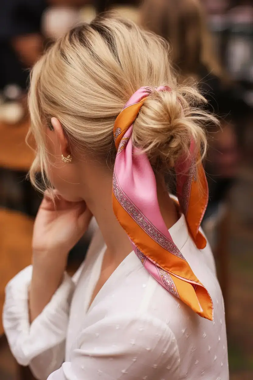 simple spring hairstyles 2026 Messy Bun with a Silk Scarf
