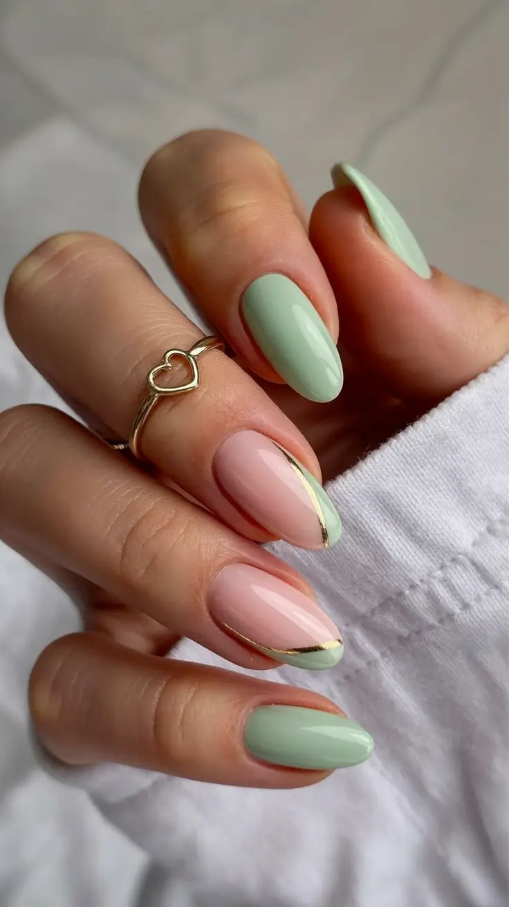 spring simple nails 2026 Pistachio & Gold Harmony