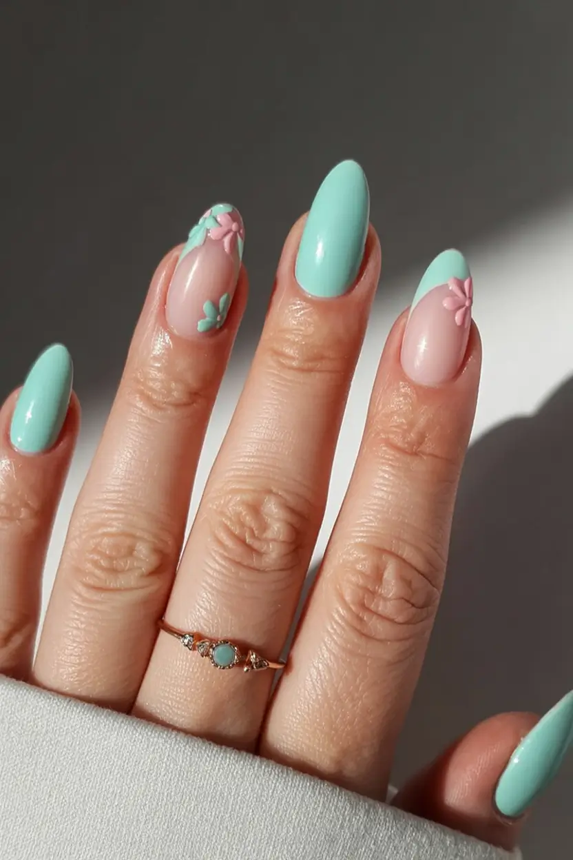 spring simple nails 2026 Mint Blossom Accents