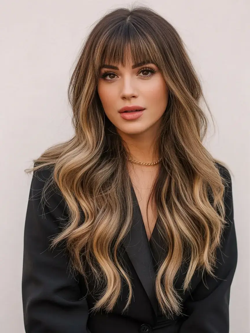 stunning spring hair color trends 2026+Brushed Blonde Waves with Fringe: French Girl Meets California Cool