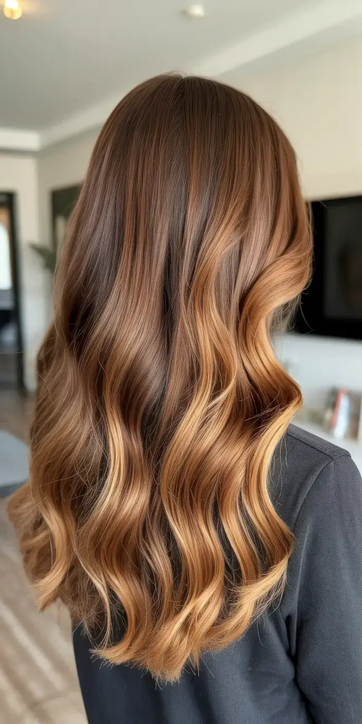 stunning spring hair color trends 2026+Toffee Lights: Melted Gold on a Brown Base