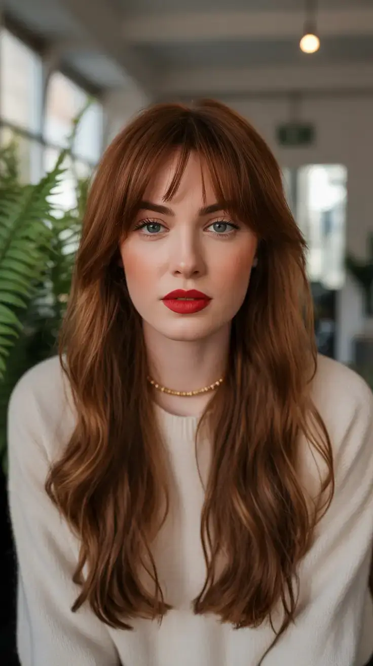stunning spring hair color trends 2026+Glossed Chestnut with Bardot Bangs: The Revival