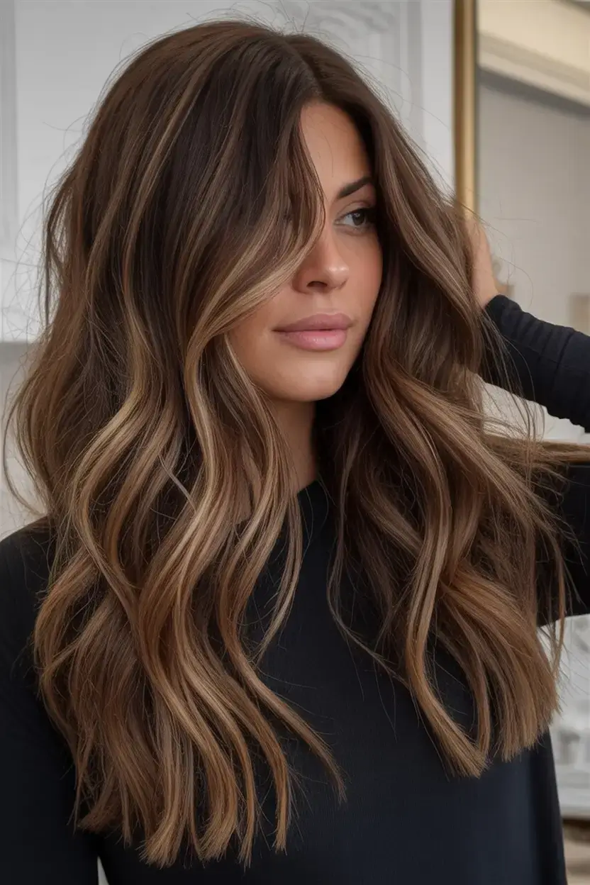 stunning spring hair color trends 2026+Mocha Veil with Ribbon Lights: Rich and Understated