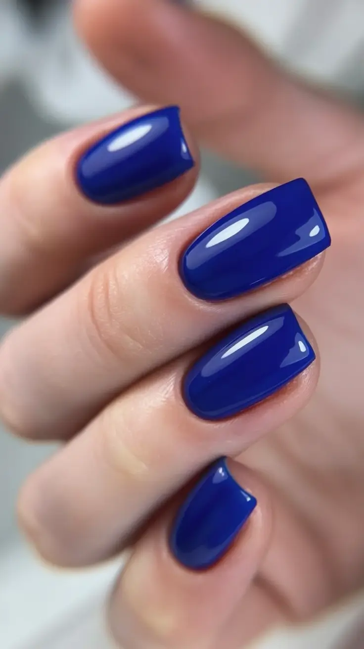 stylish blue spring nails for 2026 Deep Sapphire Squares with High-Gloss Depth