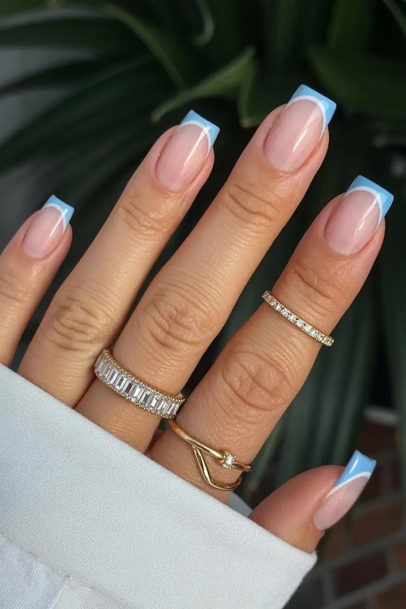 stylish blue spring nails for 2026 Crisp Blue French Tips with Clean White Edging