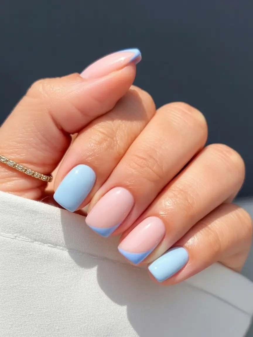 stylish blue spring nails for 2026 Soft Blue Coupled with Petal-Pink Accents