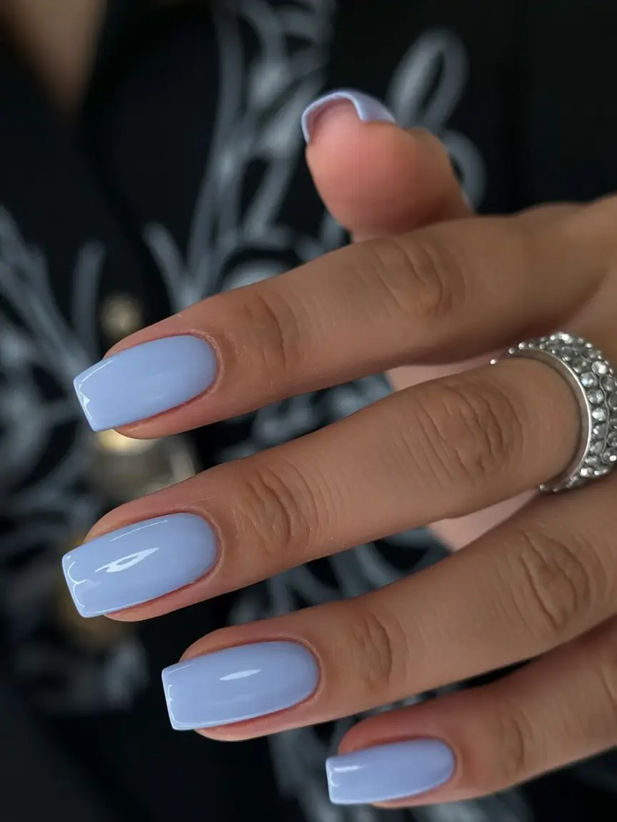 stylish blue spring nails for 2026 Pastel Blue Gloss with a Clean, Modern Edge