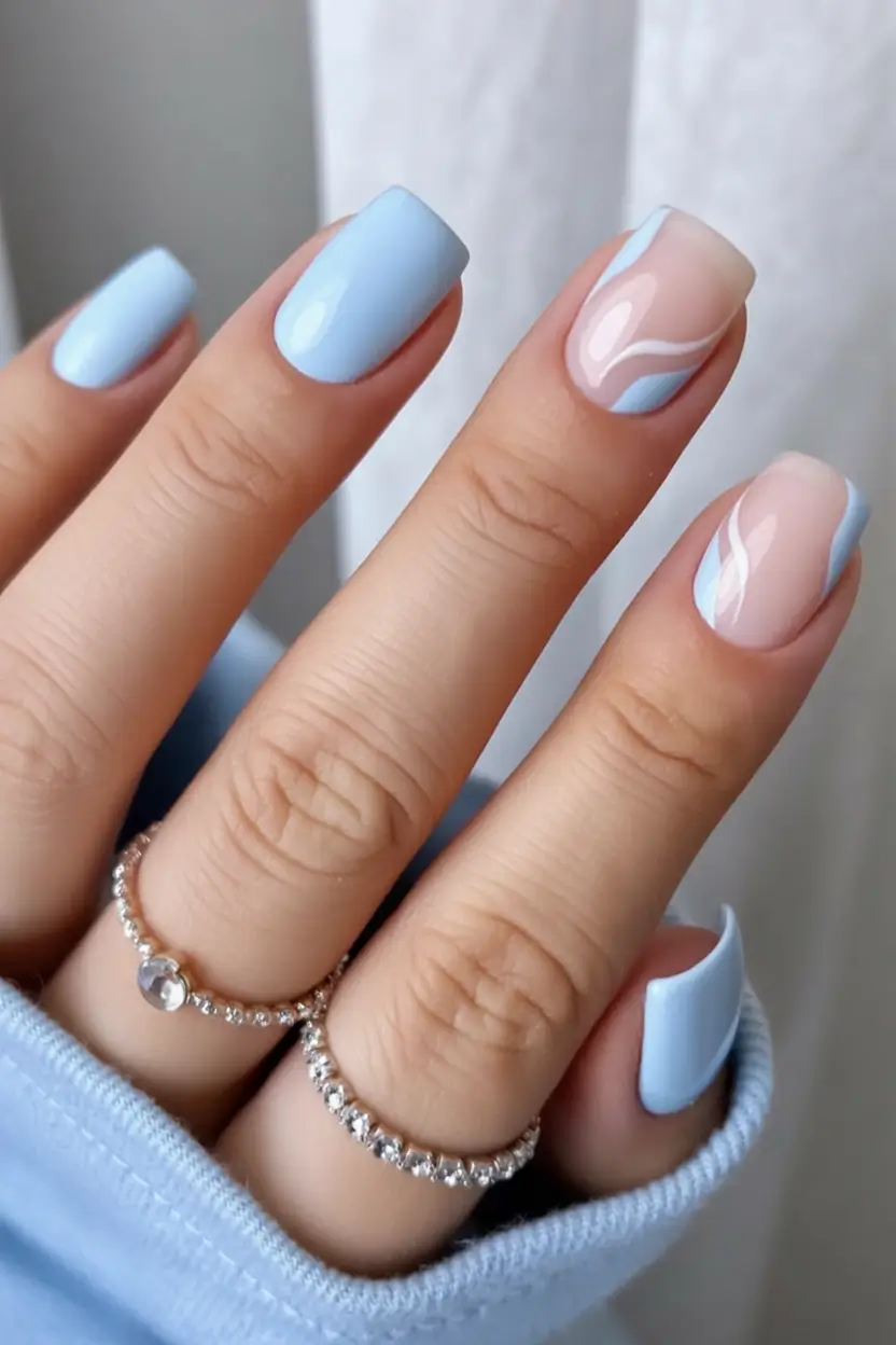 stylish blue spring nails for 2026 Blue Waves and Solid Pastels for a Soft-Chic Spring Combo