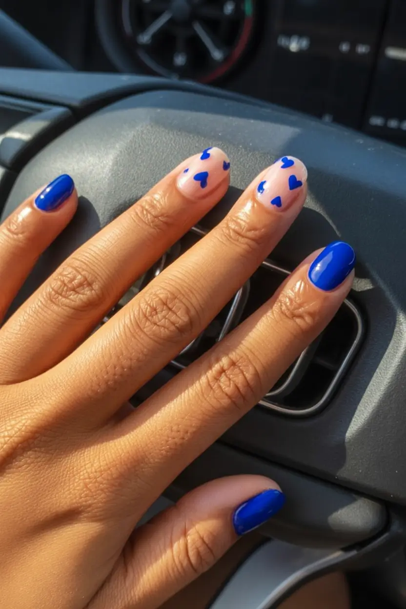 stylish blue spring nails for 2026 Blue Hearts and Glossy Royal Nails for Playful Spring Energy