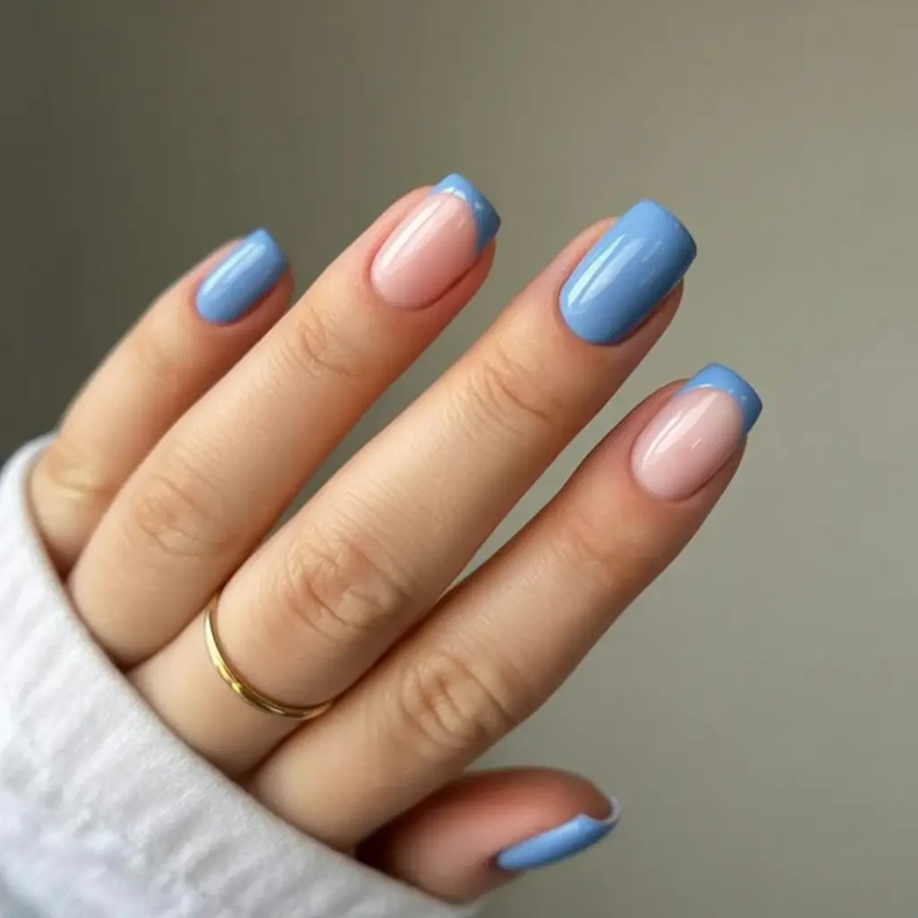 stylish blue spring nails for 2026 Sky Blue Color-Blocked Tips with Full Coverage Accents