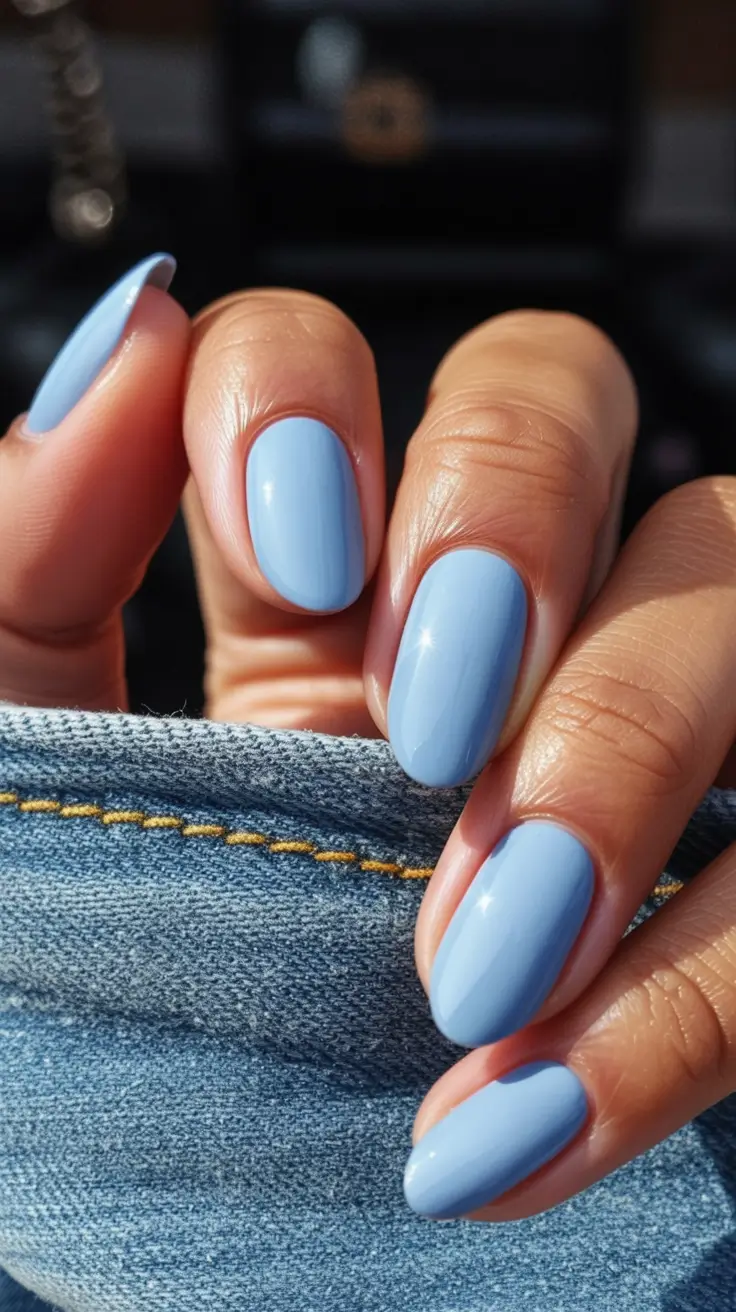 stylish blue spring nails for 2026 Soft Round Blue Nails with a Sunlit Glow