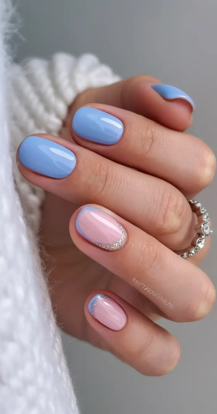 stylish blue spring nails for 2026 Blue and Pink Harmony with Delicate Sparkle Accents