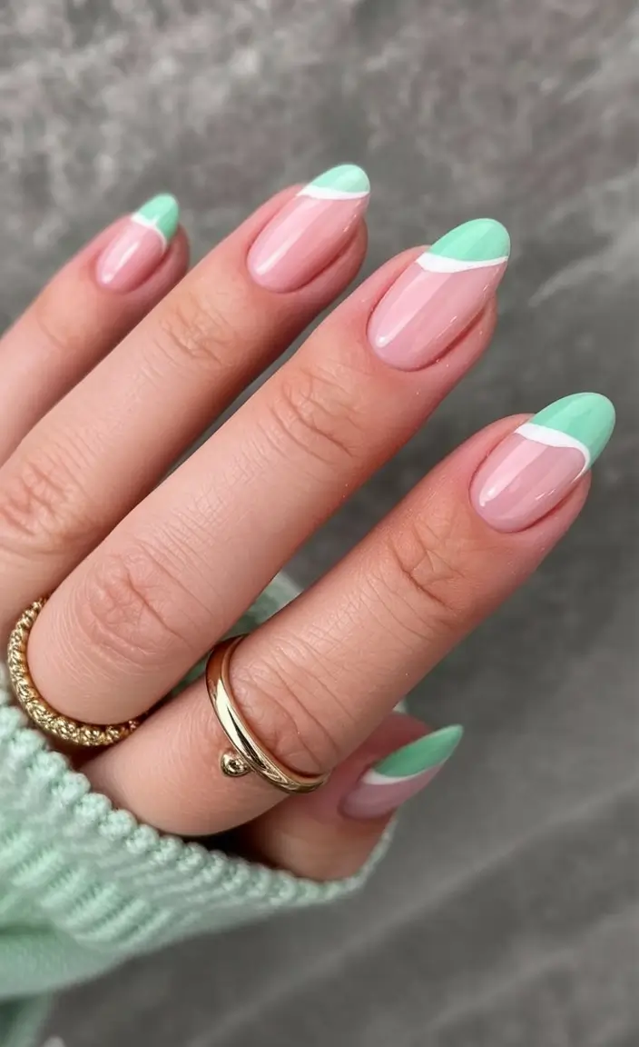 stylish minimalist spring nails 2026 Mint & White Angled Accent French