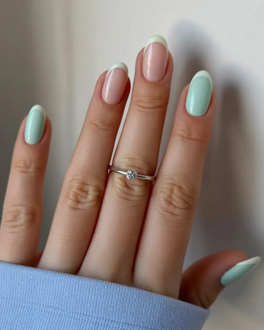 stylish minimalist spring nails 2026 Mint & Blush Two-Tone French