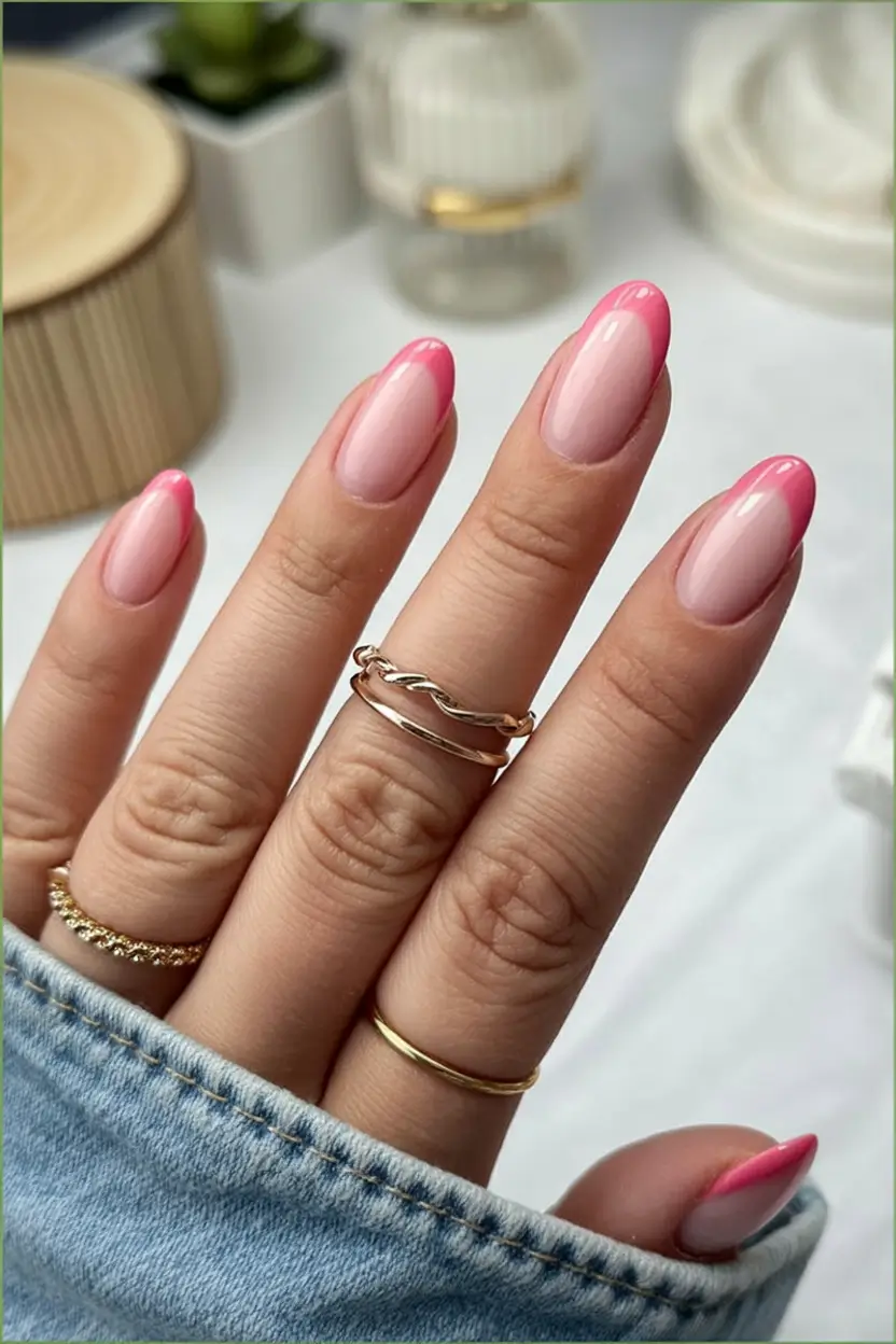 stylish minimalist spring nails 2026 Pink Gloss French Fade With a Modern Edge
