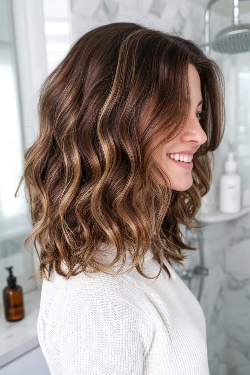 stylish spring haircut for wavy hair 2026 Warm Brunette Waves With Sunlit Dimension