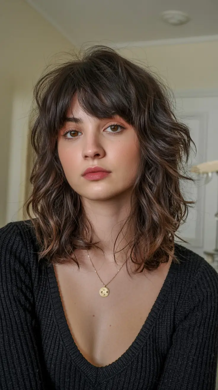stylish spring haircut for wavy hair 2026 Shaggy Wavy Lob With Soft Fringe Texture