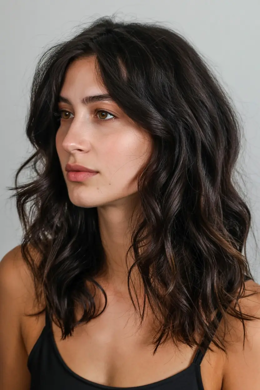 stylish spring haircut for wavy hair 2026 Deep Brunette Waves With Subtle, Lived-In Movement